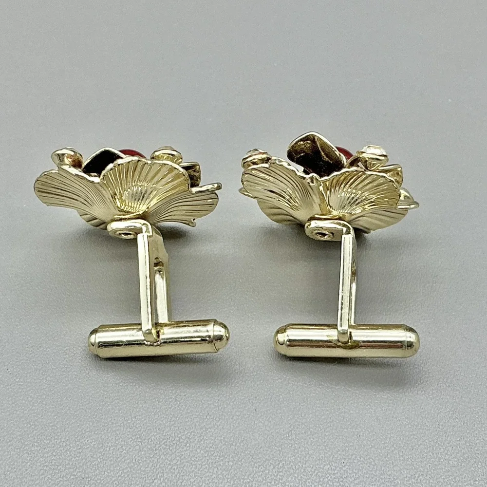 Vintage Floral Cufflinks Gold Tone Red Cabochon Rhinestone Flower Men's Jewelry